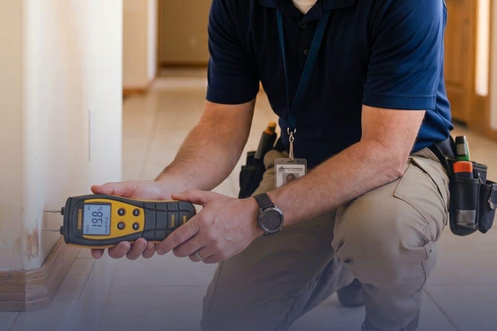 male inspector kneeling to use moisture meter in home